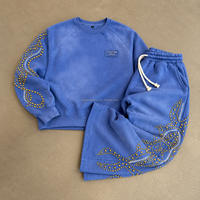 Ensemble haut à col rond et pantalon large pour homme, bleu, avec motif abstrait, design streetwear, OEM ODM