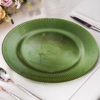 Assiettes en verre transparentes de 13 pouces pour mariage, avec rayures verticales argentées, vente en gros, vaisselle multicolore pour mariage