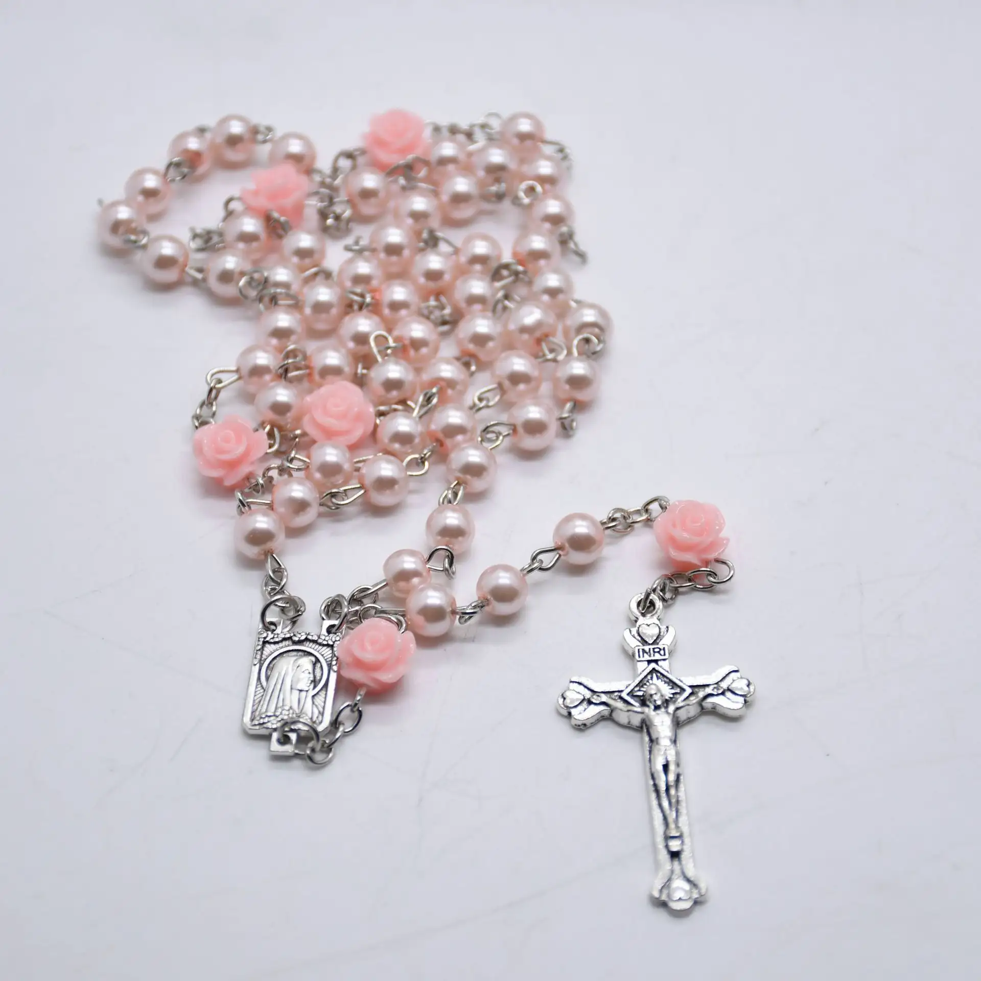 8mm Catholic Rosary Beads Jewelry Religious Rosary Beads Artificial Pearl Rose Charm Cross Necklace for Mother's Day Gift