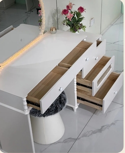 White Makeup Vanity Table Round Mirrored Dressing <b>Desk</b> with Drawers Storage <b>Cabinet</b> for Bedroom - Product Image 5