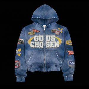 Ensemble de survêtement pour homme avec sweat à capuche zippé et pantalon de survêtement, broderie personnalisée effet vieilli, strass, délavé soleil et délavé à l'acide, fabrication sur mesure - Product Image 3