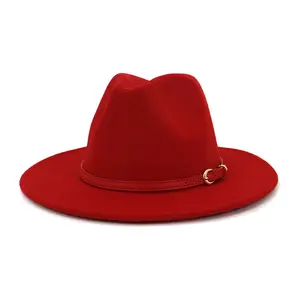 2023 Wholesale Amazon Hot Sell Wide Brim Faux Wool Felt Fedora Men with slim Ton in Ton Belt