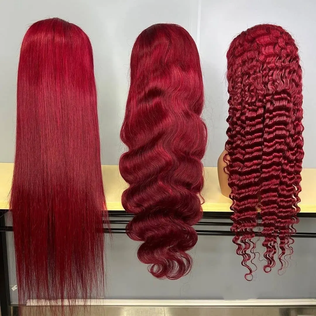 Wholesale Glueless HD Transparent 13x4 Lace Frontal Wine Color Wigs Brazilian Virgin Hair Wigs 99J Red Lace Front Hair Wigs