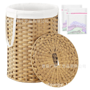 Panier de rangement rond en osier tressé à la main avec couvercle pour la lessive, la salle de bain, organisateur anti-poussière - Product Image 1