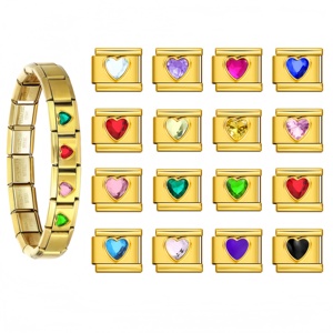 Pulseras de dijes italianos con diamantes de amor y fondo dorado, de piedra natural en forma de corazón, de acero inoxidable soldado, elásticas, DIY, al por mayor - Product Image 1