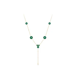 Original Design 18K Gold Plated Stainless Steel Green Round Zircon Charms Long Chain Pearl Pendant For Woman Necklace P233421