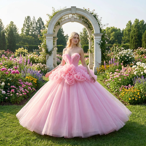 Robe de bal rose en mousseline de soie RSM251106, bustier, avec dos lacé, volants et traîne chapelle, longueur cheville pour femme - Product Image 1