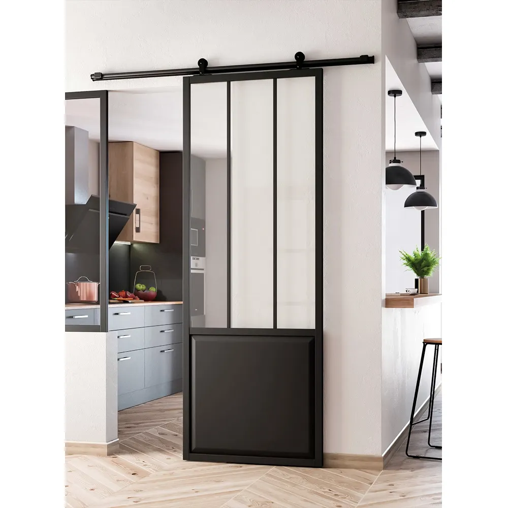 Griglia di design rustico nero in ferro battuto scorrevoli porte interne in acciaio vetro divisorio metallo fienile porta con hardware per la casa