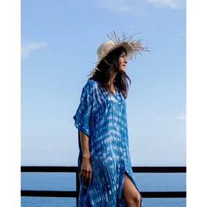 Mmorrocan Kaftan Fashion Designer Blue Tie Dye Beach Cover Up For Women
