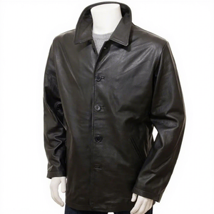 Veste en cuir véritable noir pour homme, mi-longue, col chemise, en cuir de vachette, fermeture boutonnée, poches latérales, coupe classique, chaude, personnalisable - Product Image 1