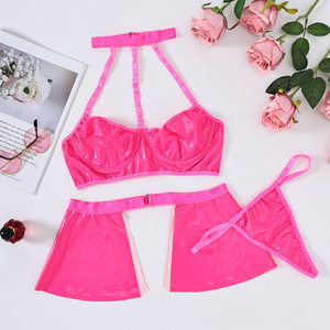 Fashion Women's Hot Girl Lace Halter Neck Pu Leather Hollow Sexy Lingerie Set - Product Image 6