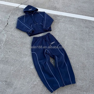 Clothing Manufacturer Custom <b>Jogging</b> <b>Suit</b> Contrast Stitch Hoodies and Baggy Sweatpants Oversized Heavyweight Custom Sweat <b>Suit</b> - Product Image 3