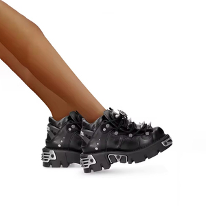 Nuovi Stivali Corti da <span class=keywords><strong>Donna</strong></span> Stile Punk Rock con Suola Spessa, Borchie Metalliche a Stella, Allacciatura, Scarpe Sportive Nere alla Moda, Stivali Casual da Motociclista - Product Image 2