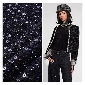 Fancy polyester woven black metallic lurex sequin beads embroidery paillette tweed fabric for skirts