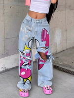 Jean en denim imprimé pour femme, coupe large, déchiré, style streetwear Y2K, taille haute, baggy, graphique, été, avec boutons