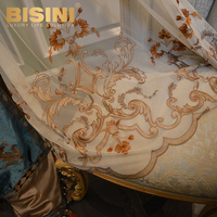 Magnifique rideau occultant de style rococo italien, bleu floqué, pour fenêtre française, décoré de broderies, rideau à tringle romaine
