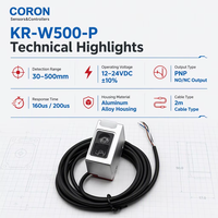 CORON KR-W500-P Sensor Optik LED Merah 4-Digit Deteksi Warna Jarak Jauh Output Sakelar PNP Rentang Deteksi 30-500mm Aluminium