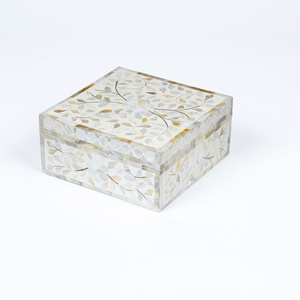 <b>White</b> Square Mother Pearl Inlaid Decorative Box Custom Logo Quality Handicrafts Magnetic Snap Closure 4x4x3 Inch Wood Mother - Product Image 1