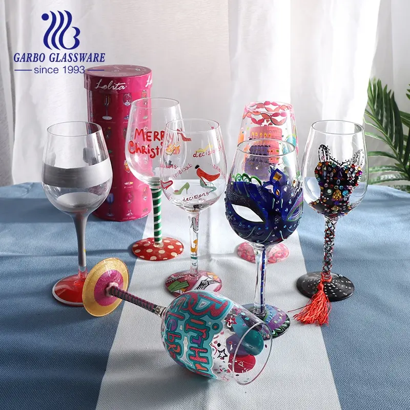 Factory Wholesale Customized Hand Painted Patterns Festival Carnival Glass Goblet For Even Party Red Grape Wine Stemware Glasses