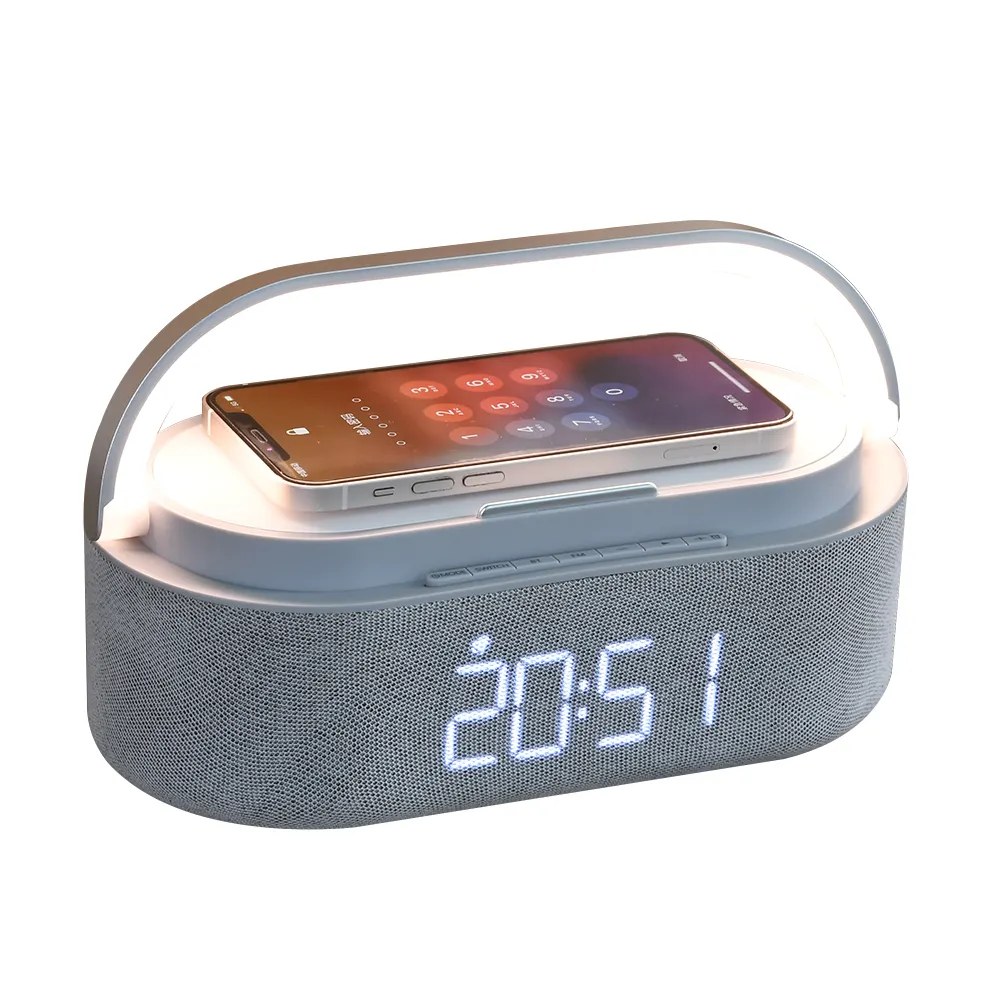 New Arrival Time Clock Alarm Clock 15W Wireless Charger BT Speaker FM Dimming LED Mood Light