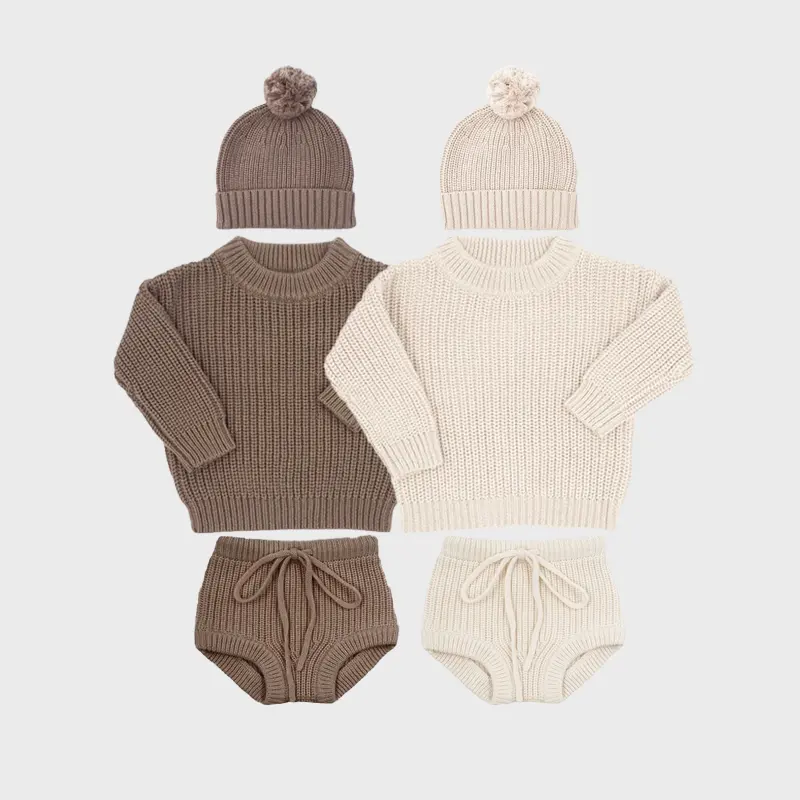 Inverno neutro Baby Knit 3 pezzi Set Chunky Knit maglioni Bloomers Bummies Shorts Pom Beanie Hat Cotton Loungewear Set Toddler