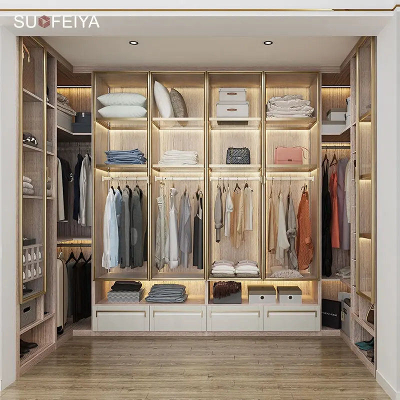 Italian Style Open Cloakroom U Shape Wardrobe Cabinet Metal Glass Door Walk In Wardrobe Clothes Closet