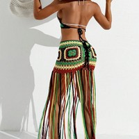 Robe de plage en crochet faite à la main, style halter, multicolore, à franges, découpée, style bohème, pour les festivals et les vacances