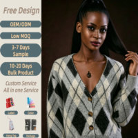 Cardigan en tricot Argyle d'hiver à col en V boutonné pour femme, motif losanges gris, noir et blanc