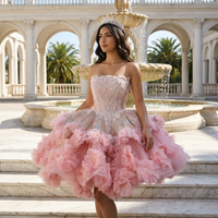 Robe de Quinceañera courte rose de luxe Jancember GT26070, sans bretelles, corset en cristal, tutu à fleurs 3D, mini robe de bal