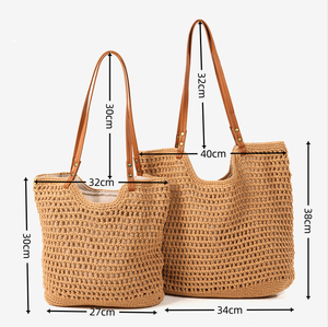 Sac en coton tissé à grande capacité, à bandoulière unique, sac fourre-tout en maille ajourée tendance, nouveau sac fourre-tout en crochet pour la plage - Product Image 2