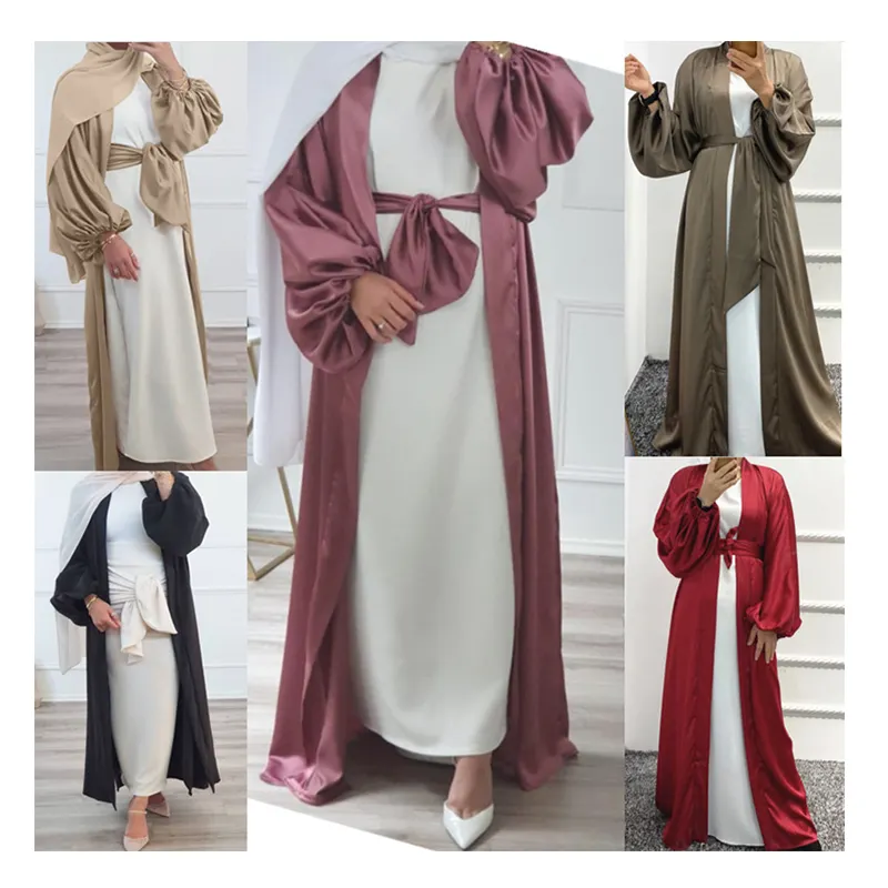 Trang Phục Hồi Giáo Thiết Kế Mới Áo Choàng Dubai Hồi Giáo Áo Kimono Abaya Lụa Satin Váy Cardigan Tay Phồng