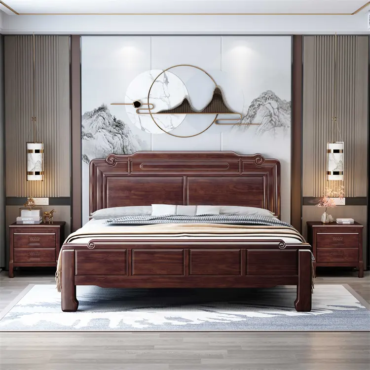 Chambre principale de luxe lit double Bois massif 1.5m 1.8m Lit cadre en bois massif de haute qualité