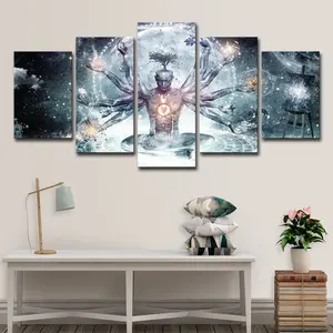 HD Printing 5 Panels Buddha Yoga Abstract Tree Meditation Earth Starry Sky Modern Canvas Art Giclee Poster for Wall Decoration