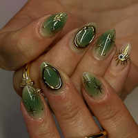 Faux Ongles Amande Moyenne Vert Ombré Étoile à Coller, en ABS Fabriqués à la Machine, 24 Pièces, Vente en Gros