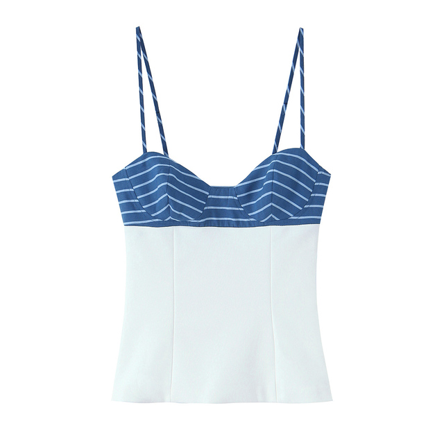 White Blue Color Striped Print Spaghetti Strap Back Hollow Out Casual Fashion Summer tank Top for Women