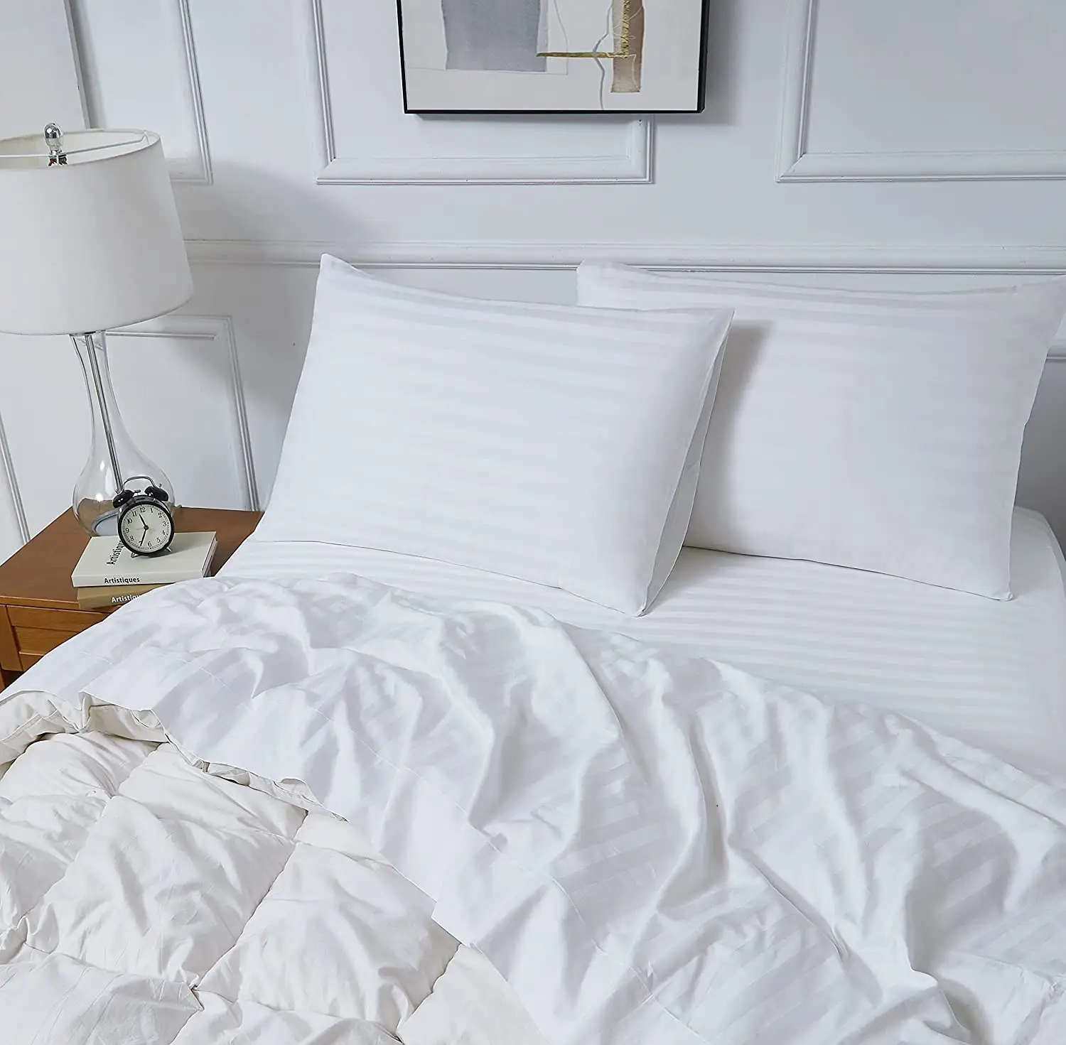 Vente en gros Parure de lit de luxe pour hôtel 100% coton Jacquard blanc Satin et housse de couette style occidental Draps de lit à rayures de 3cm