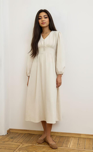 Robe longue crème à col en V et manches longues avec boutons sur le devant - Robe élégante à taille haute et fluide pour femme - Product Image 3