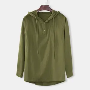 Camisas de algodón y lino para hombre, blusa Masculina holgada de color liso con botones y manga larga con capucha, estilo Retro
