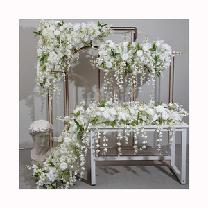 Camino de mesa de flores verdes y rosas colgantes blancas de seda de 200cm de largo para mesa de boda - Product Image 1
