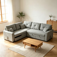 Canapé-lit minimaliste en L avec fonction de tirage, options de tissus personnalisables, pour commandes groupées et mobilier de logement locatif
