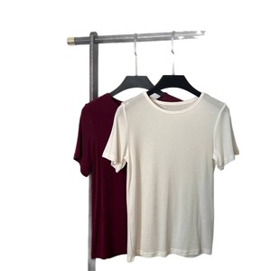 TS-019 Women's Lyocell Knitted Short Sleeve Round Neck T-Shirt Solid Color Base Layer Milky White <b>Date</b> <b>Red</b> - Product Image 4
