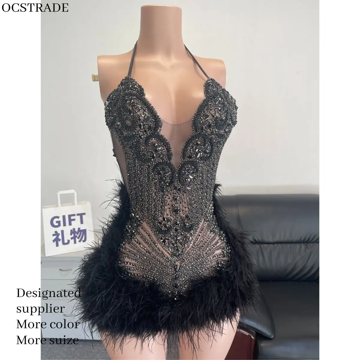 Ocstrade Costumes Mulheres Sexy Desempenho Desgaste Preto Rhinestone Feather Club Dress Ballroom Dance Dresses Mulheres Adulto Competição