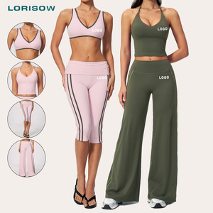 LORISOW Wholesale <strong>4</strong> Piece Workout Set <strong>Women</strong> Stripe Capri <strong>Leggings</strong> Wide Leg Yoga Pants Halter Crop Top Gym Fitness Apparel 2026 - Product Image 1
