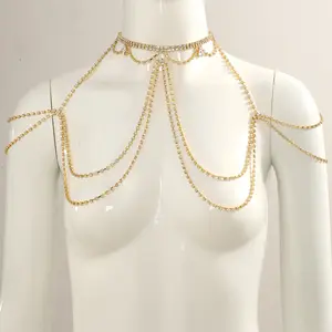 Düğün çok katmanlı elmas kolye omuz zinciri seksi kadınlar püskül vücut zincirleri moda takı altın taklidi çan alaşım