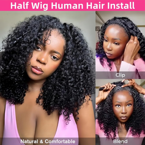 Demi-perruque bouclée en cheveux humains 200% densité sans couture Flip Over Wig Wear and Go Glueless Drawstring Wig Cheveux humains pour femmes 3 en 1 - Product Image 3