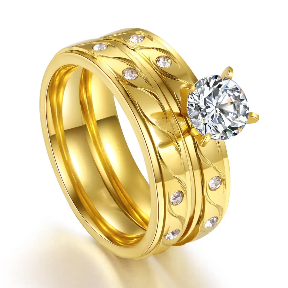 Set Cincin Pernikahan berlian wanita, hadiah terbaik Set cincin pertunangan romantis berlapis emas zirkon 2 buah pembuatan sampel Titanium