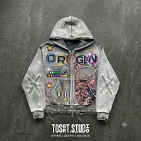 Sudadera con capucha con cremallera OEM, estilo vintage, lavada, personalizada, 500 g/m², 100% algodón, con estampado de web desgastado, pedrería y sublimación