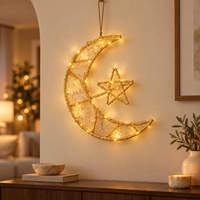 Décoration de Ramadan : Petite lune croissante et étoile lumineuses en métal à suspendre, avec cadre en fil d'or tressé, LED blanc chaud, piles AA, pour décoration intérieure.
