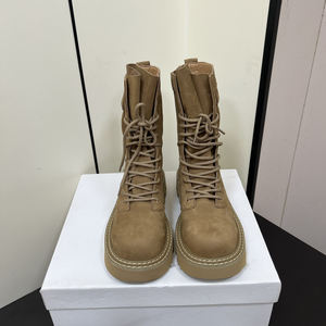 Stivali da <span class=keywords><strong>Donna</strong></span> in <span class=keywords><strong>Pelle</strong></span> Scamosciata a Metà Gamba per Autunno e Inverno, Casual e Versatili, con Plateau Rialzato e Lacci - Product Image 2