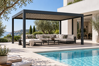 Pergola automatique réglable en aluminium avec porte coulissante en verre et toit à lames pour abri de terrasse extérieure